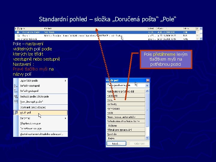 Standardní pohled – složka „Doručená pošta“ „Pole“ Pole – nastavení viditelných polí podle kterých