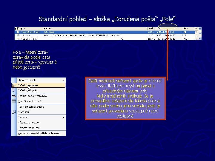 Standardní pohled – složka „Doručená pošta“ „Pole“ Pole – řazení zpráv zpravidla podle data