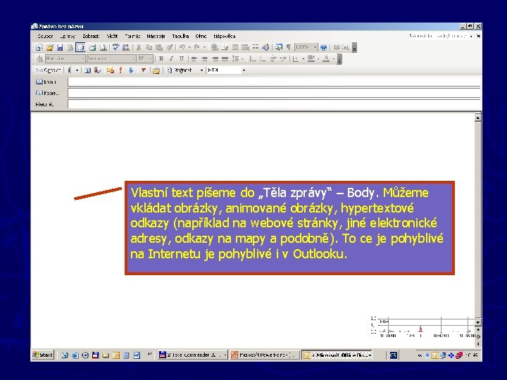 Nové zprávy Vlastní text píšeme do „Těla zprávy“ – Body. Můžeme vkládat obrázky, animované