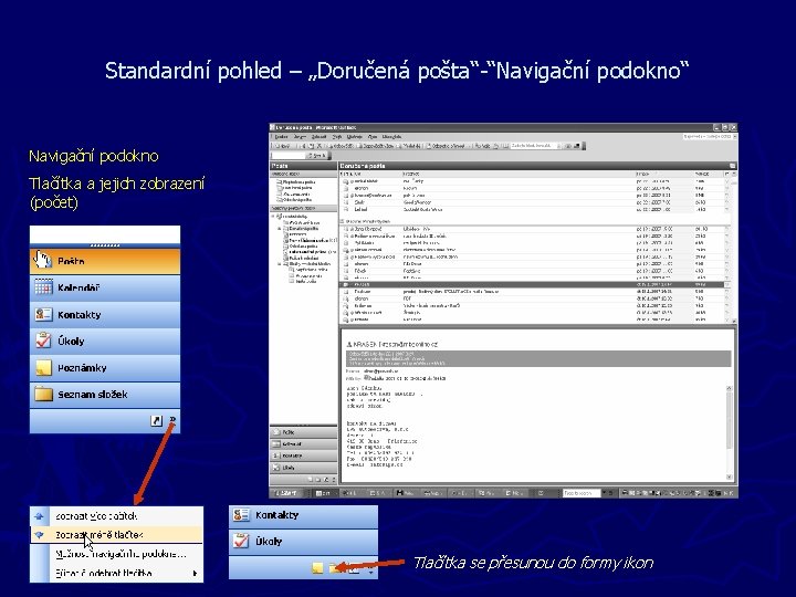 Standardní pohled – „Doručená pošta“-“Navigační podokno“ Navigační podokno Tlačítka a jejich zobrazení (počet) Tlačítka