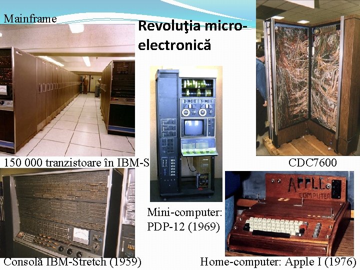 Mainframe Revoluţia microelectronică 150 000 tranzistoare în IBM-S. CDC 7600 Mini-computer: PDP-12 (1969) Consolă