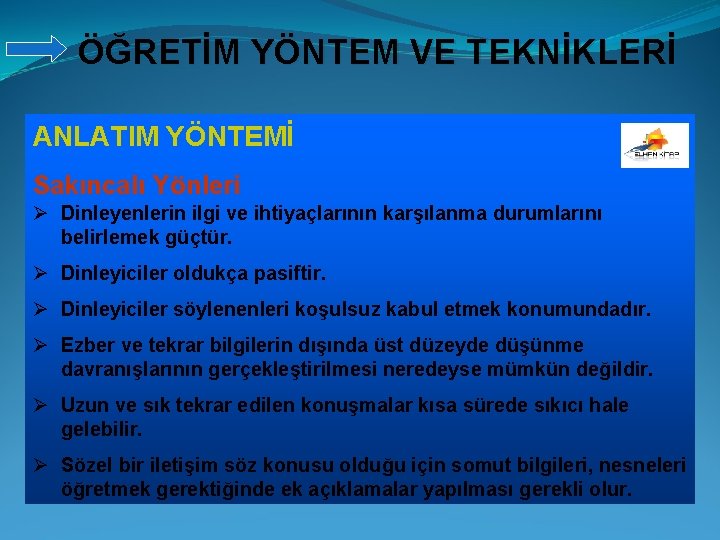 ÖĞRETİM YÖNTEM VE TEKNİKLERİ ANLATIM YÖNTEMİ Sakıncalı Yönleri Ø Dinleyenlerin ilgi ve ihtiyaçlarının karşılanma