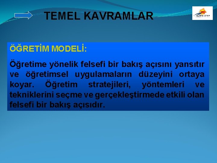 TEMEL KAVRAMLAR ÖĞRETİM MODELİ: Öğretime yönelik felsefi bir bakış açısını yansıtır ve öğretimsel uygulamaların