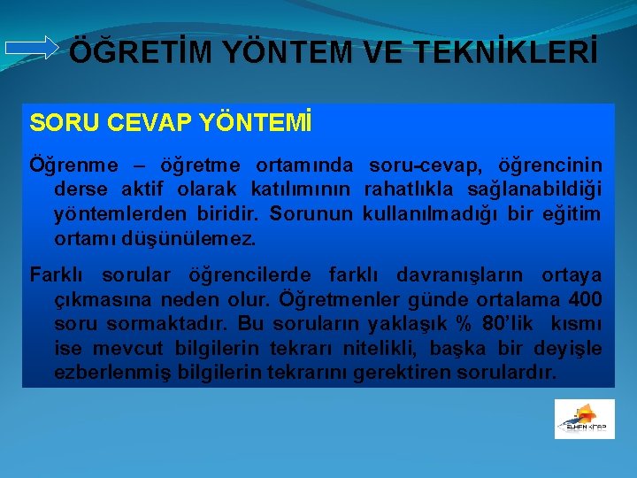 ÖĞRETİM YÖNTEM VE TEKNİKLERİ SORU CEVAP YÖNTEMİ Öğrenme – öğretme ortamında soru-cevap, öğrencinin derse