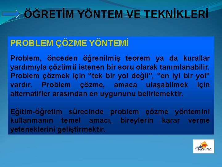 ÖĞRETİM YÖNTEM VE TEKNİKLERİ PROBLEM ÇÖZME YÖNTEMİ Problem, önceden öğrenilmiş teorem ya da kurallar