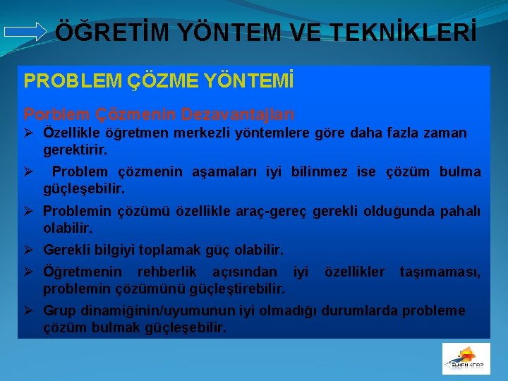 ÖĞRETİM YÖNTEM VE TEKNİKLERİ PROBLEM ÇÖZME YÖNTEMİ Porblem Çözmenin Dezavantajları Ø Özellikle öğretmen merkezli