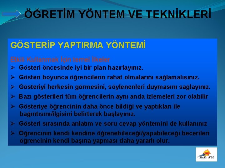 ÖĞRETİM YÖNTEM VE TEKNİKLERİ GÖSTERİP YAPTIRMA YÖNTEMİ Etkili Kullanmak İçin temel İlkeler Ø Gösteri