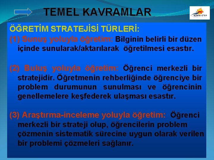 TEMEL KAVRAMLAR ÖĞRETİM STRATEJİSİ TÜRLERİ: (1) Sunuş yoluyla öğretim: Bilginin belirli bir düzen içinde