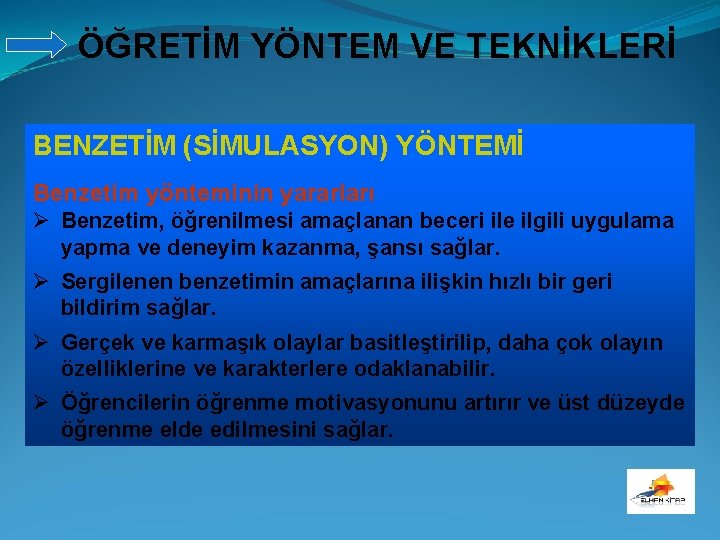 ÖĞRETİM YÖNTEM VE TEKNİKLERİ BENZETİM (SİMULASYON) YÖNTEMİ Benzetim yönteminin yararları Ø Benzetim, öğrenilmesi amaçlanan