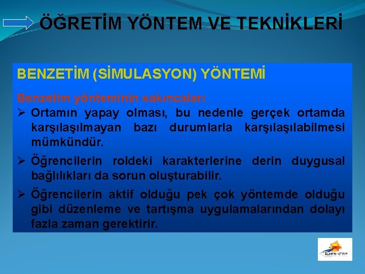 ÖĞRETİM YÖNTEM VE TEKNİKLERİ BENZETİM (SİMULASYON) YÖNTEMİ Benzetim yönteminin sakıncaları Ø Ortamın yapay olması,