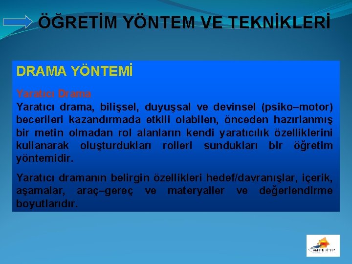 ÖĞRETİM YÖNTEM VE TEKNİKLERİ DRAMA YÖNTEMİ Yaratıcı Drama Yaratıcı drama, bilişsel, duyuşsal ve devinsel