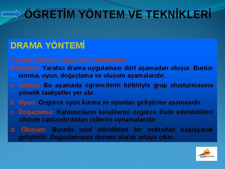 ÖĞRETİM YÖNTEM VE TEKNİKLERİ DRAMA YÖNTEMİ Yaratıcı Drama uygulama aşamaları Aşamalar: Yaratıcı drama uygulaması