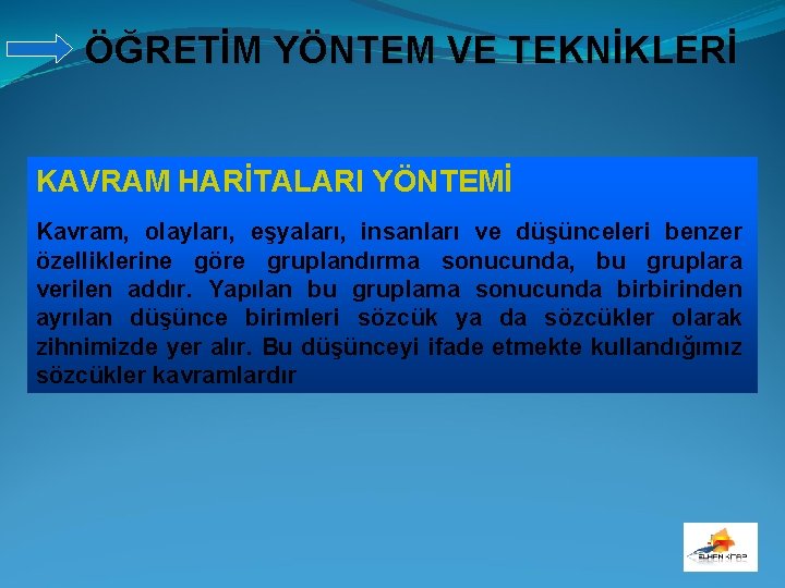 ÖĞRETİM YÖNTEM VE TEKNİKLERİ KAVRAM HARİTALARI YÖNTEMİ Kavram, olayları, eşyaları, insanları ve düşünceleri benzer