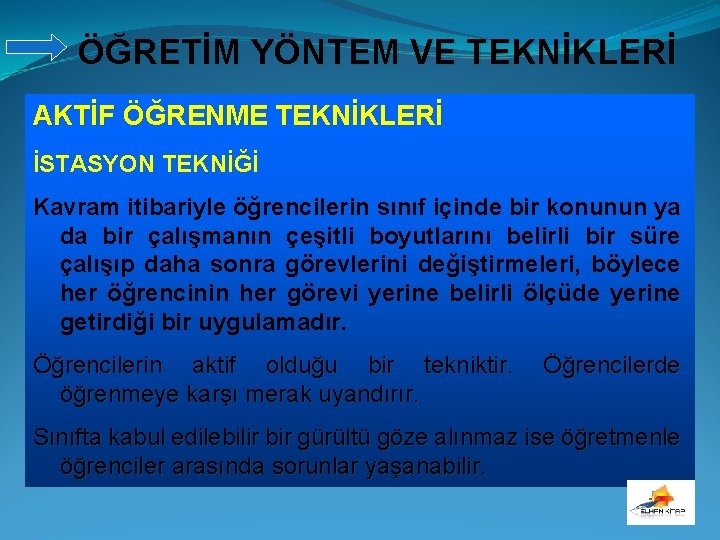 ÖĞRETİM YÖNTEM VE TEKNİKLERİ AKTİF ÖĞRENME TEKNİKLERİ İSTASYON TEKNİĞİ Kavram itibariyle öğrencilerin sınıf içinde