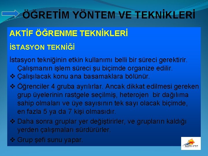 ÖĞRETİM YÖNTEM VE TEKNİKLERİ AKTİF ÖĞRENME TEKNİKLERİ İSTASYON TEKNİĞİ İstasyon tekniğinin etkin kullanımı belli