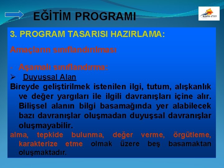 EĞİTİM PROGRAMI 3. PROGRAM TASARISI HAZIRLAMA: Amaçların sınıflandırılması - Aşamalı sınıflandırma: Ø Duyuşsal Alan