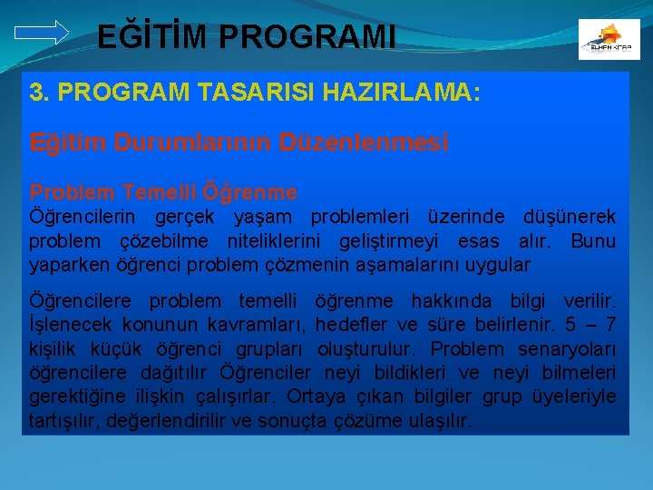 EĞİTİM PROGRAMI 3. PROGRAM TASARISI HAZIRLAMA: Eğitim Durumlarının Düzenlenmesi Problem Temelli Öğrenme Öğrencilerin gerçek