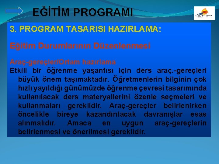 EĞİTİM PROGRAMI 3. PROGRAM TASARISI HAZIRLAMA: Eğitim Durumlarının Düzenlenmesi Araç-gereçler/Ortam hazırlama Etkili bir öğrenme