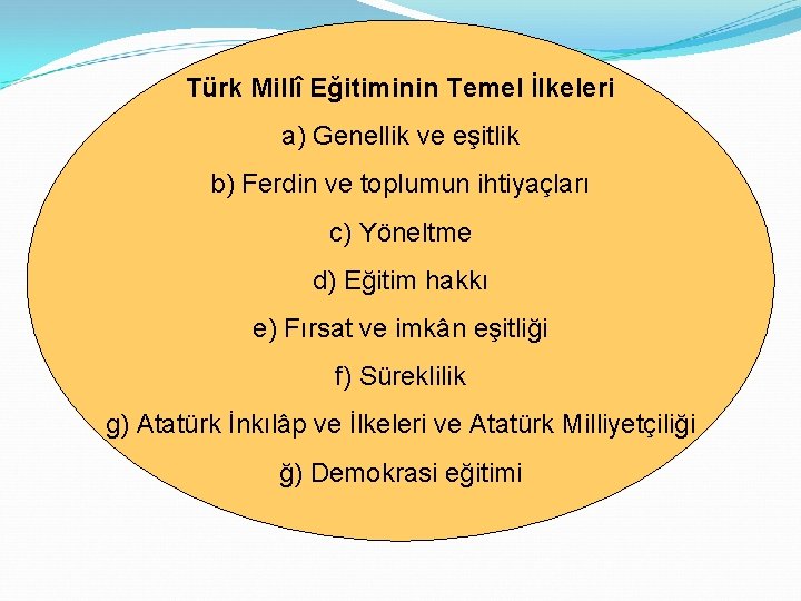 Türk Millî Eğitiminin Temel İlkeleri a) Genellik ve eşitlik b) Ferdin ve toplumun ihtiyaçları