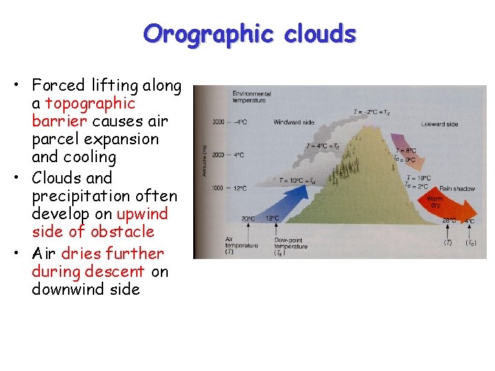 Orographic clouds • Forced lifting along a topographic barrier causes air parcel expansion and