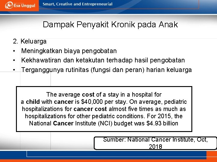 Dampak Penyakit Kronik pada Anak 2. Keluarga • Meningkatkan biaya pengobatan • Kekhawatiran dan