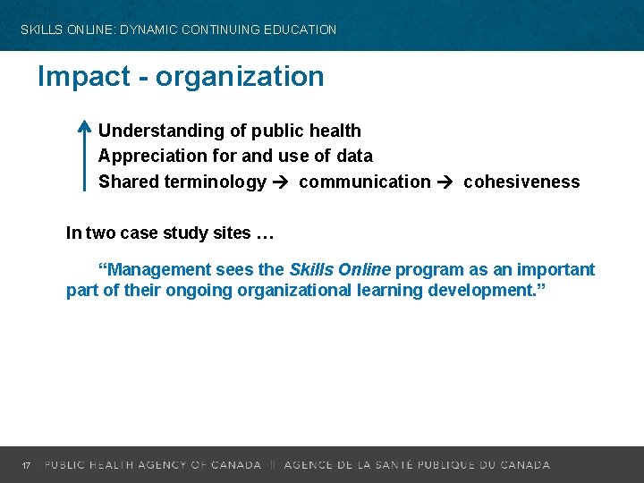 SKILLS ONLINE: DYNAMIC CONTINUING EDUCATION Impact - organization Understanding of public health Appreciation for