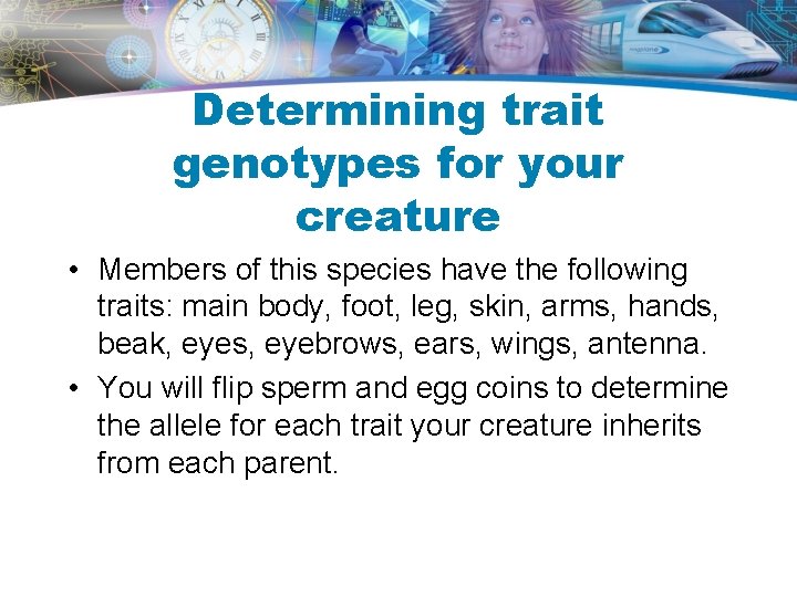 Determining trait genotypes for your creature • Members of this species have the following Determining trait genotypes for your creature • Members of this species have the following