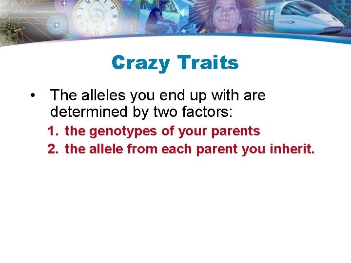 Crazy Traits • The alleles you end up with are determined by two factors: