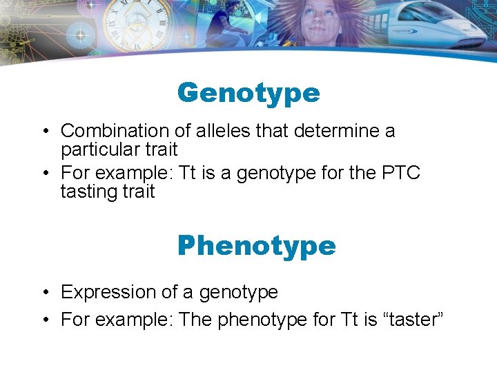 Genotype • Combination of alleles that determine a particular trait • For example: Tt Genotype • Combination of alleles that determine a particular trait • For example: Tt