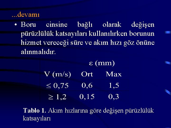 . . . devamı • Boru cinsine bağlı olarak değişen pürüzlülük katsayıları kullanılırken borunun