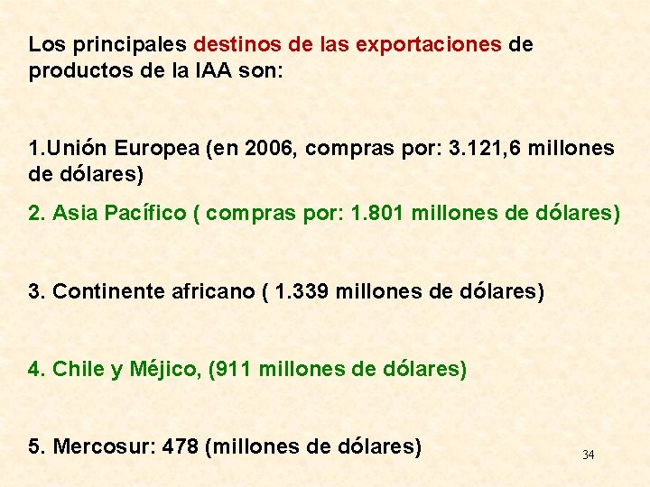 Los principales destinos de las exportaciones de productos de la IAA son: 1. Unión