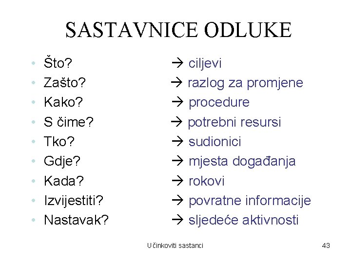 SASTAVNICE ODLUKE • • • Što? Zašto? Kako? S čime? Tko? Gdje? Kada? Izvijestiti?