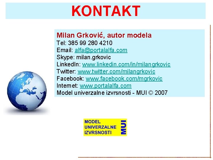 KONTAKT Milan Grković, autor modela Tel: 385 99 280 4210 Email: alfa@portalalfa. com Skype: