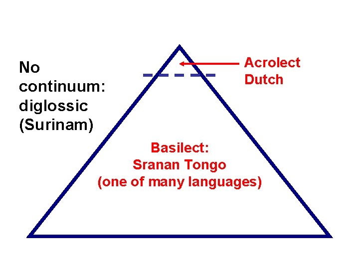 No continuum: diglossic (Surinam) Acrolect Dutch Basilect: Sranan Tongo (one of many languages) 