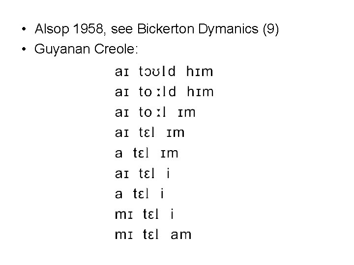  • Alsop 1958, see Bickerton Dymanics (9) • Guyanan Creole: 