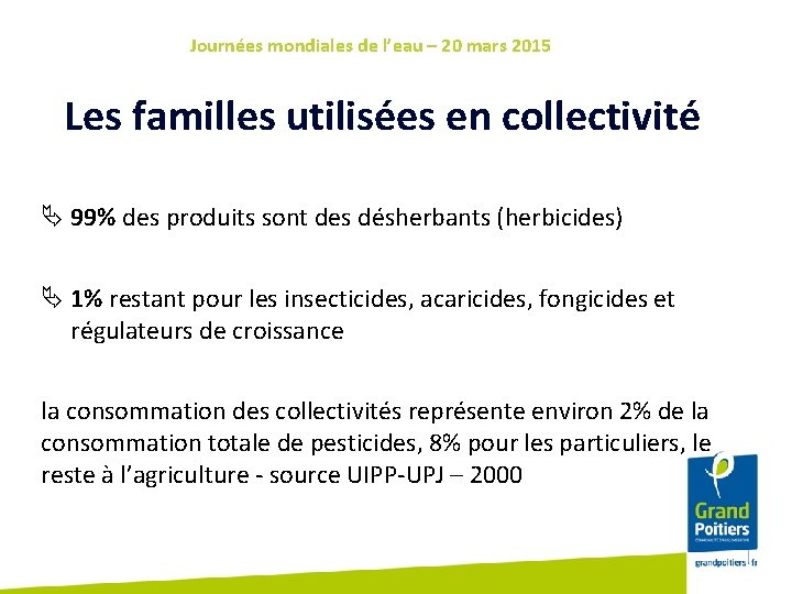 Journées mondiales de l’eau – 20 mars 2015 Les familles utilisées en collectivité 99%