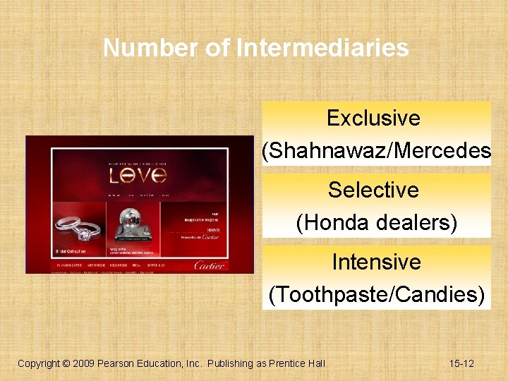 Number of Intermediaries Exclusive (Shahnawaz/Mercedes Selective (Honda dealers) Intensive (Toothpaste/Candies) Copyright © 2009 Pearson