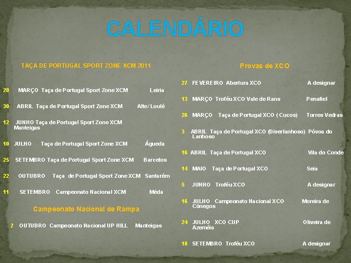 CALENDÁRIO Provas de XCO TAÇA DE PORTUGAL SPORT ZONE XCM 2011 20 MARÇO Taça CALENDÁRIO Provas de XCO TAÇA DE PORTUGAL SPORT ZONE XCM 2011 20 MARÇO Taça