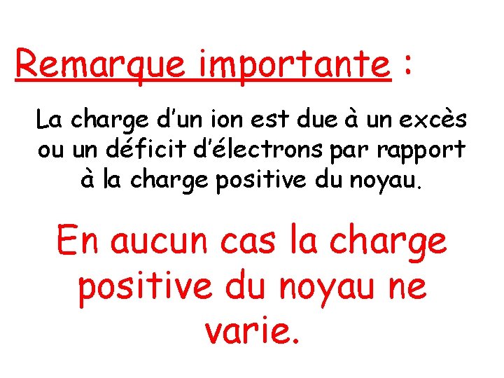 Remarque importante : La charge d’un ion est due à un excès ou un