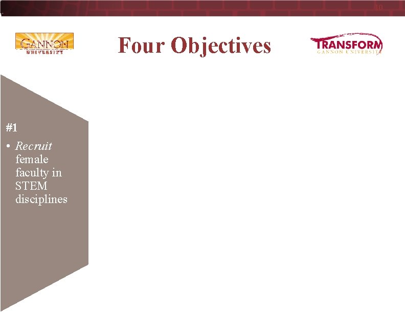 10 Four Objectives #1 #2 #3 #4 • Recruit female faculty in STEM disciplines
