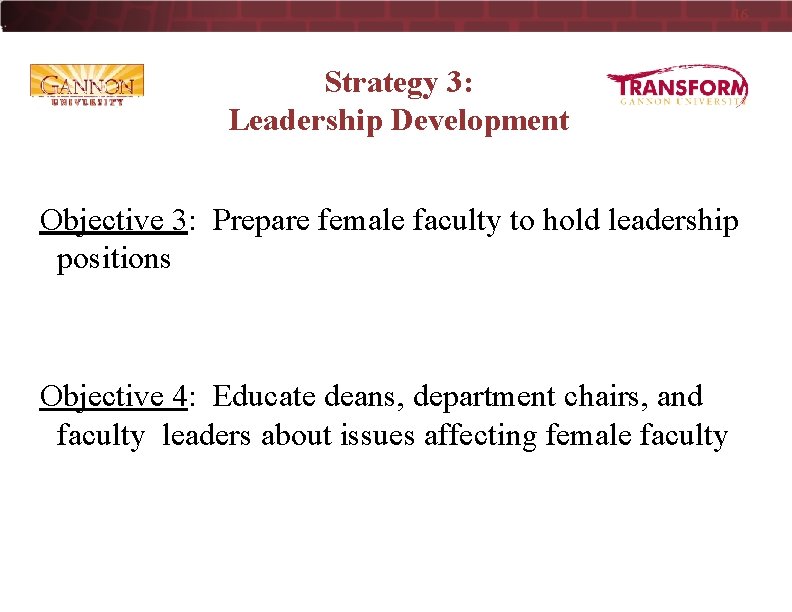 16 Strategy 3: Leadership Development Objective 3: Prepare female faculty to hold leadership positions