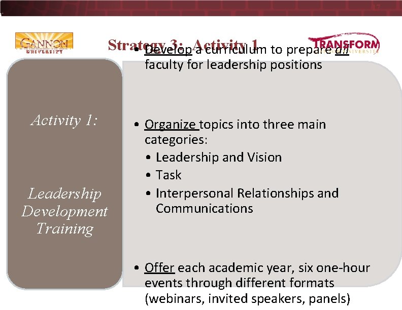 17 Strategy 3: Activity 1 to prepare all • Develop a curriculum faculty for