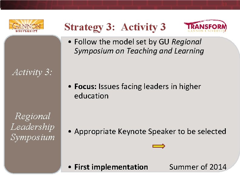 19 Strategy 3: Activity 3 • Follow the model set by GU Regional Symposium