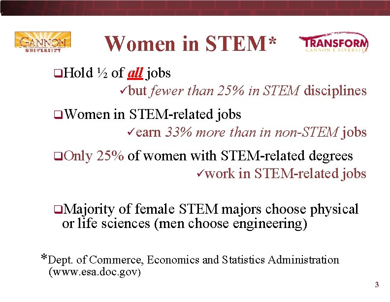 Women in STEM* q. Hold ½ of all jobs übut fewer than 25% in
