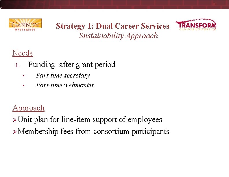 30 Strategy 1: Dual Career Services Sustainability Approach Needs 1. Funding after grant period