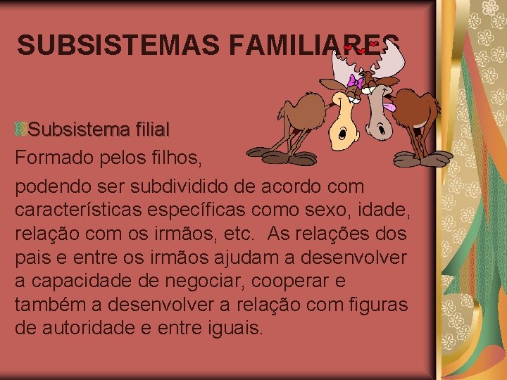 SUBSISTEMAS FAMILIARES Subsistema filial Formado pelos filhos, podendo ser subdividido de acordo com características