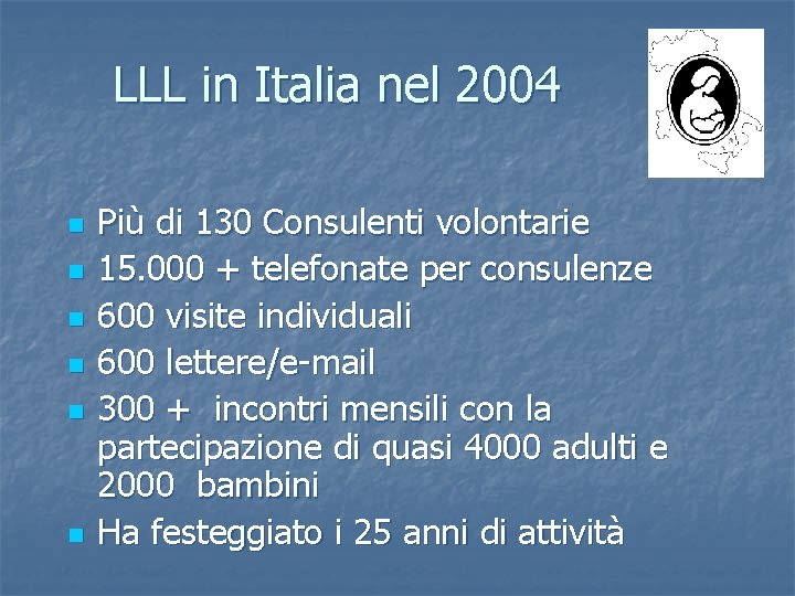 LLL in Italia nel 2004 n n n Più di 130 Consulenti volontarie 15.