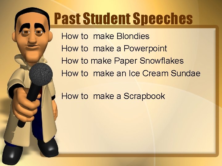 Past Student Speeches How to make Blondies How to make a Powerpoint How to