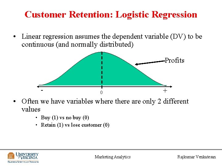 Customer Retention: Logistic Regression • Linear regression assumes the dependent variable (DV) to be