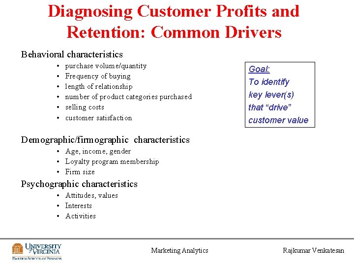 Diagnosing Customer Profits and Retention: Common Drivers Behavioral characteristics • • • purchase volume/quantity